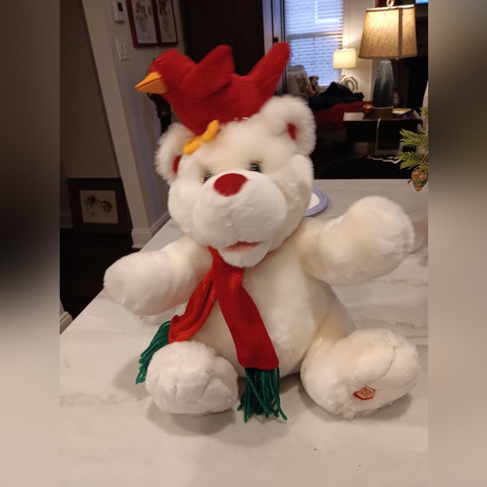 White Plush Bear with Red Scarf and Hat